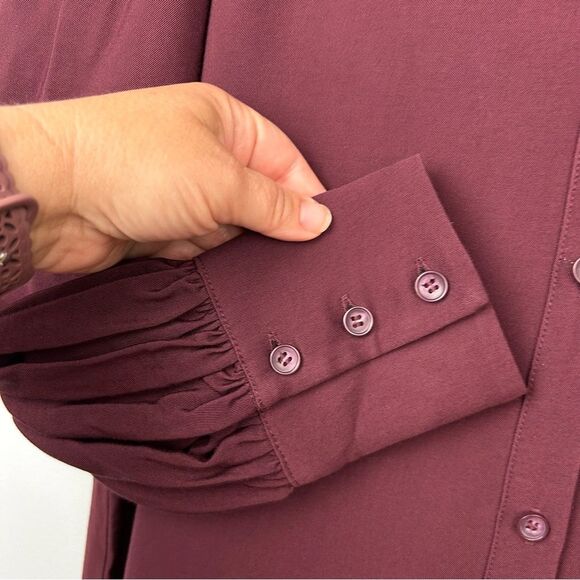 Loft Pleated Waist Midi Dress NO TIE Deep Burgundy Long Sleeve Button Front 12P - Picture 8 of 16